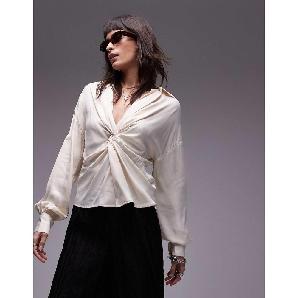 NWT Top shop knit front satin long sleeve top in ivory Size US 10
